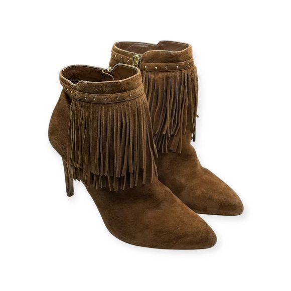 White House Black Market WHBM ꧁ Suede Fringed Heeled Ankle Boots ꧁ Cognac ꧂ 9.5 - Picture 9 of 16
